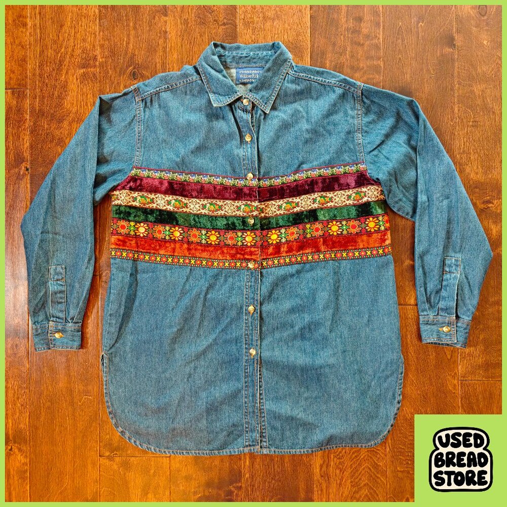 Vintage L Womens 100% Cotton Denim Willow Ridge Tunic Shirt Tapestry Velvet